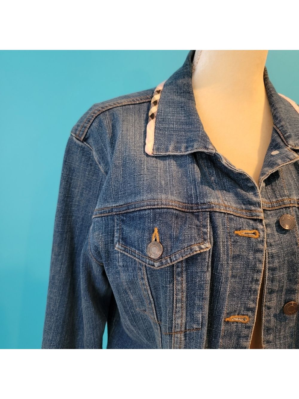 Y2k Too She She Denim Jacket Pink Plaid Accents Womens Size Large Pockets T02